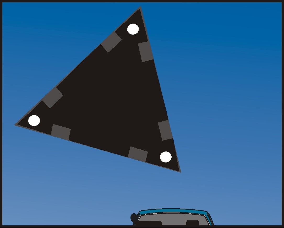 Black equilateral triangle with 3 glowing white dome lights at tips... directly above my car