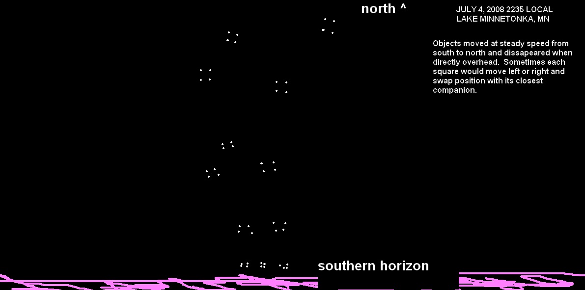Formation of 10 to 12 square shaped objects observed over Excelsior, MN