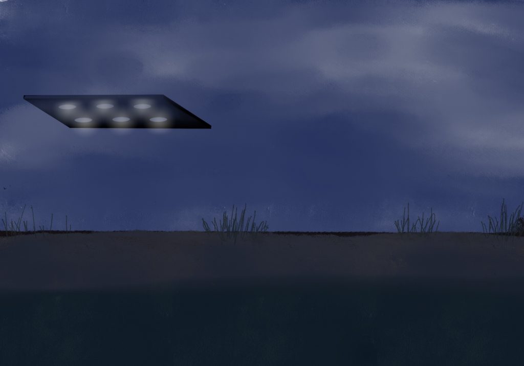 Dark rectangular object with 6 lights flying North toward Atlantic Beach along the coast.