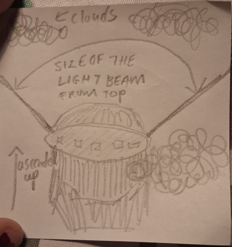 Dome-like/square object ascending into sky with shining white light from the top.