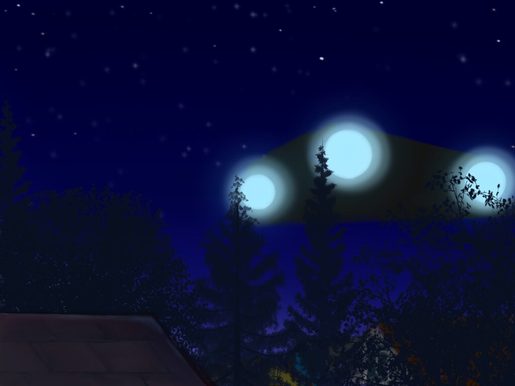 Triangle hovered over houses, then suddenly went east, outside town, looking like dot on on the horizon before disappearing.