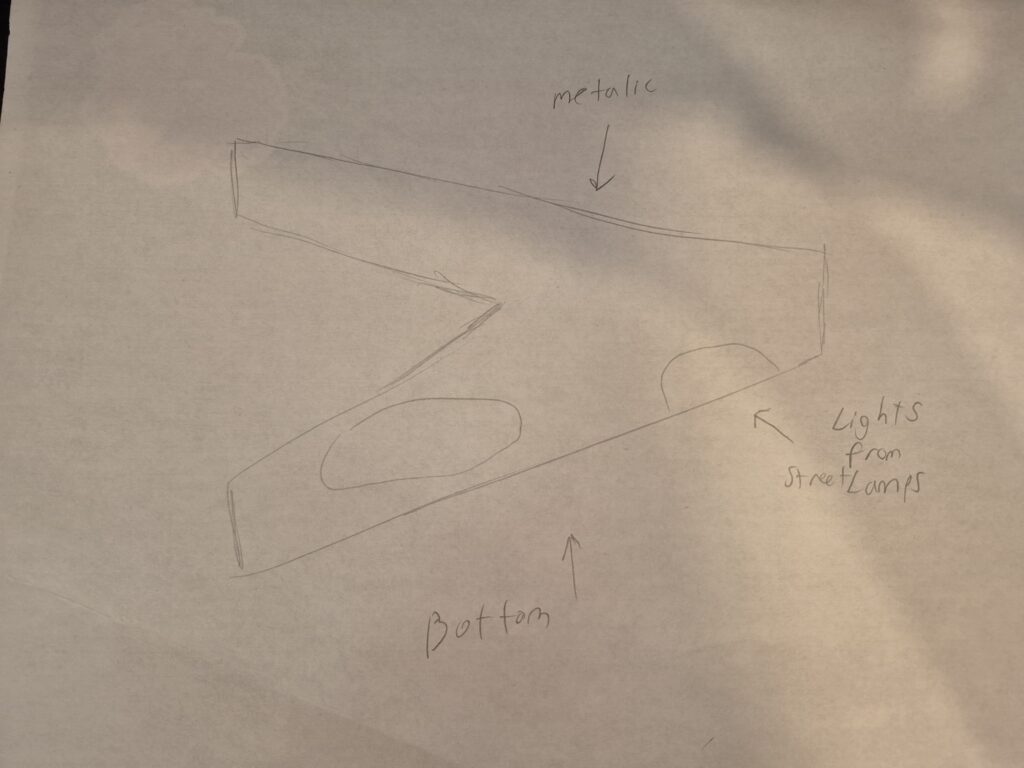 Night. Parking lot. Craft silently moved across. Very low. V shape craft. Silent. Metallic. Lights reflected off it.