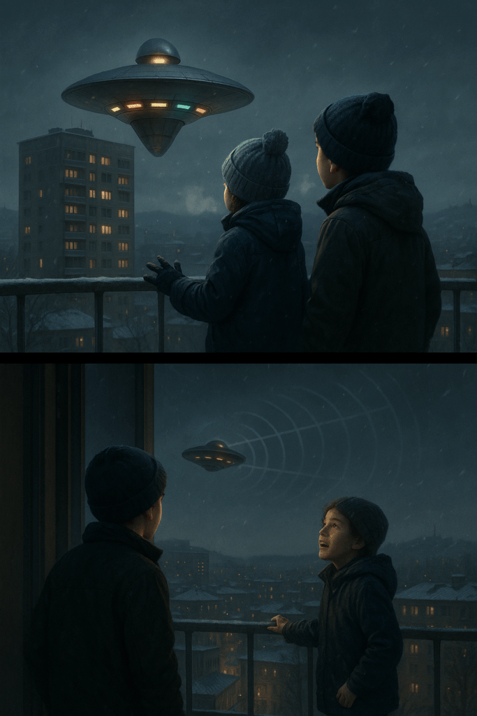 Disc-shaped UFO with rotating lights and temporal anomalies, silent, seen in Tbilisi with a cousin who has no memory of the event