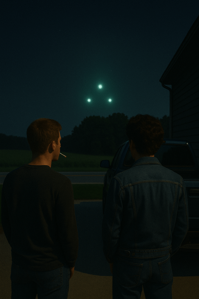 Three green lights in the shape of a triangle hovering over the tree line then they shot off in three different directions