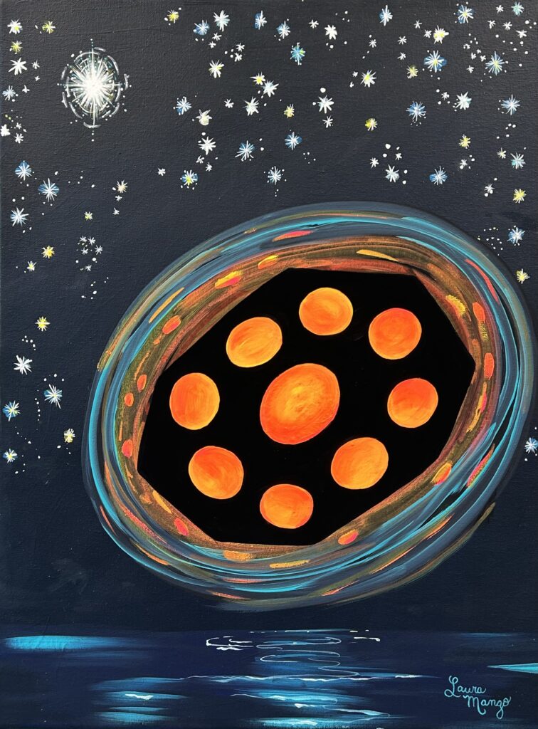 A large black angular shaped craft with several bright red orbital brilliant lights pulsating , gyrating, silent hovering