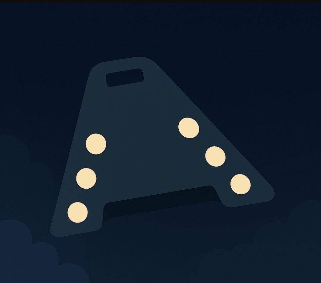 Saw silent, low-flying triangular craft with bright circular lights; hovered above trees, vanished.