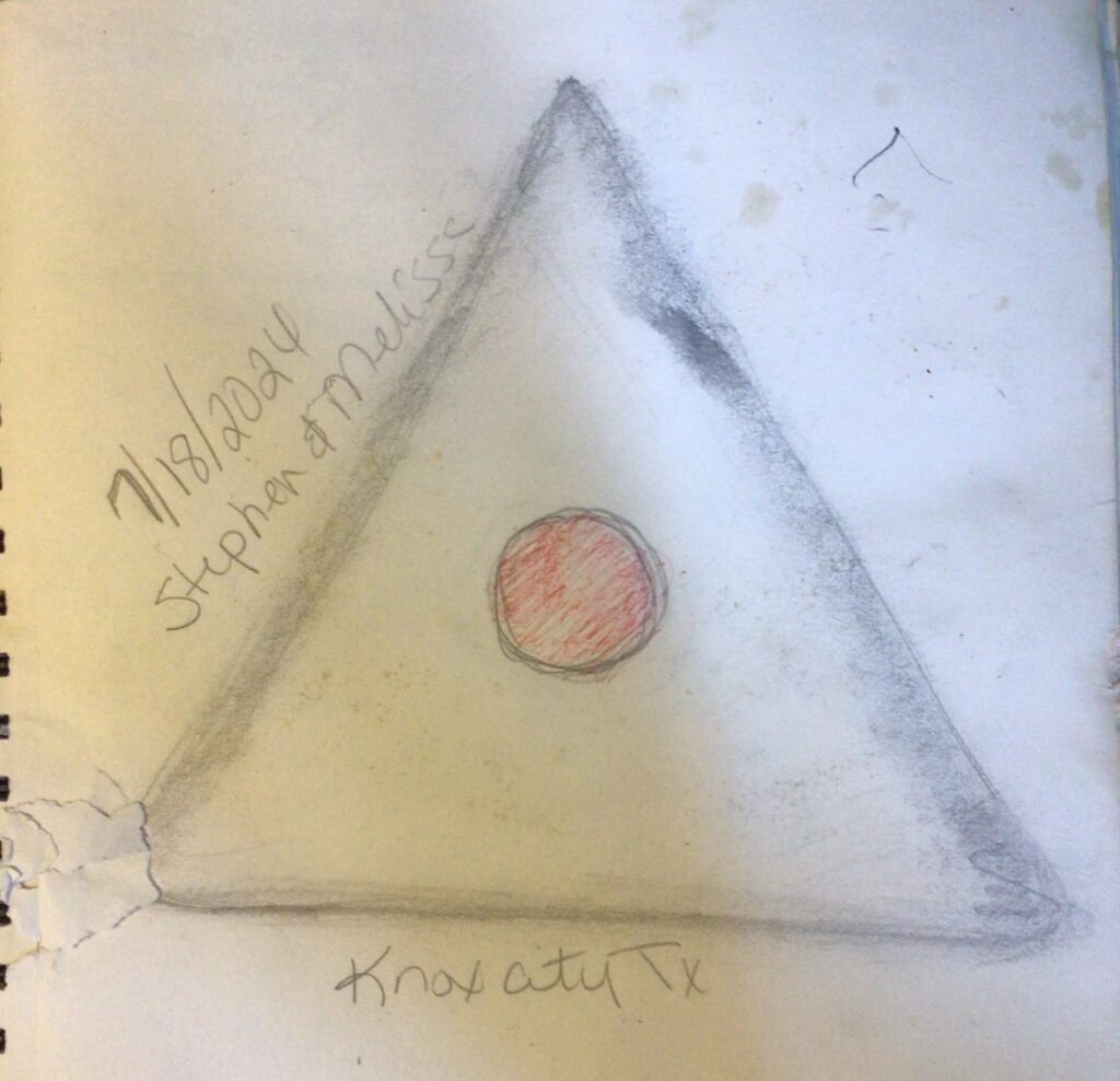 Triangular shaped, quiet, jet was in pursuit that veered off when it was over my husband and I.