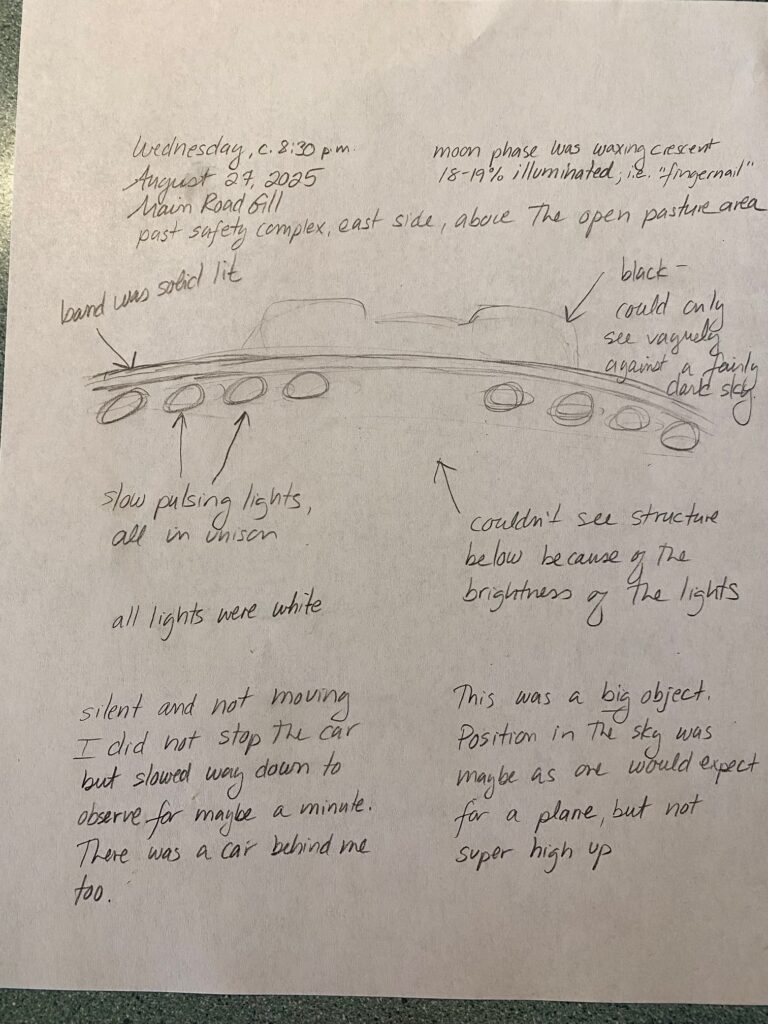 Dull black barbell shaped disk top with band of light and two groups slow pulsing lights