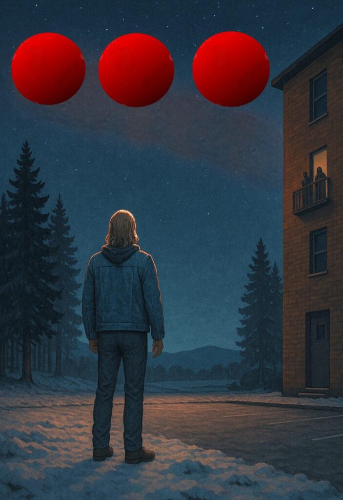 89 glowing red spheres, ~50 ft wide, ~100 ft up, silent, 3 witnesses, playful formation shift.