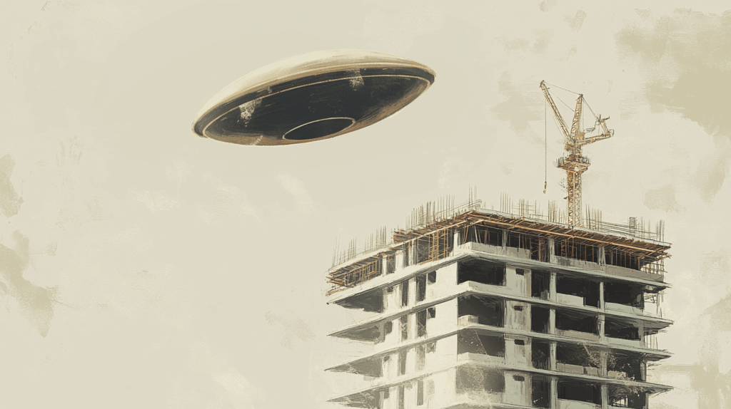 In the morning, I saw a small, metallic UFO shaped like an American football hovering silently above a 15-story building