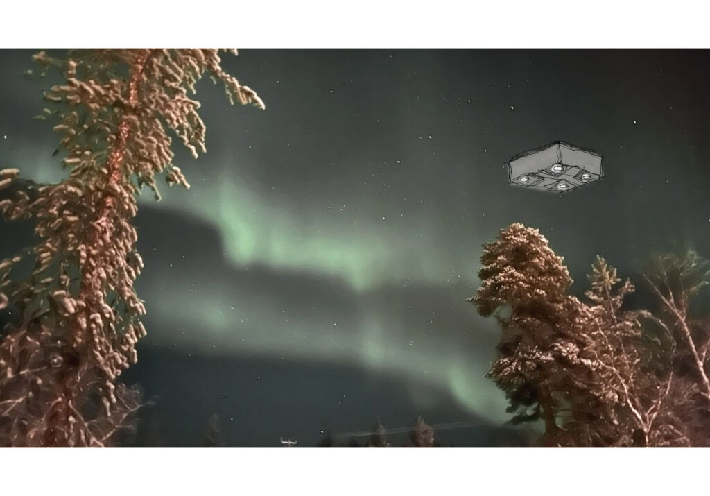 My wife and I observed a square object with bright white lights in each corner of the object moving toward the northeast over the tree