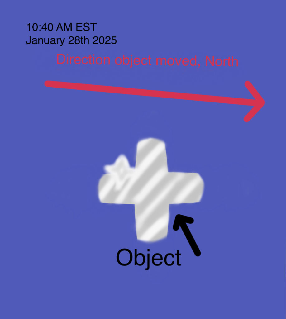 At 10:40 AM EST, I saw a metallic, X-shaped object in the sky. No planes were on radar, confirming it wasnt a conventional aircraft.